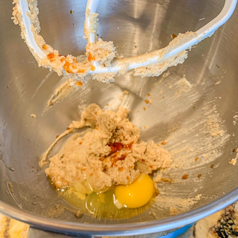 cookie dough ingredients in a mixer bowl