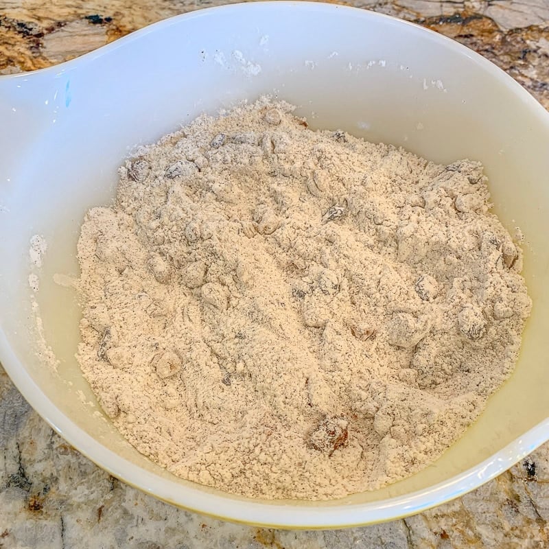 flour cake mix in a white bowl