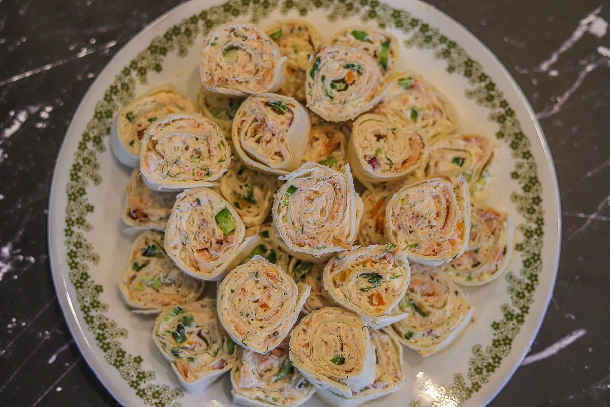 smoked salmon pinwheels on a plate