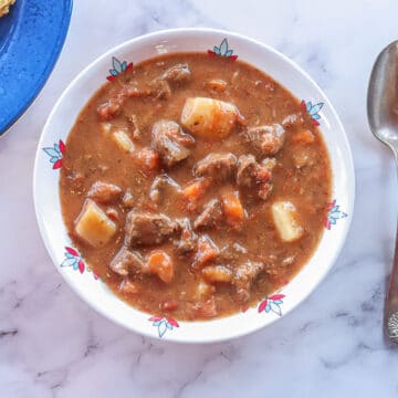 venison stew in a white bowl