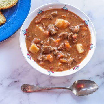venison stew in a white bowl with bread on the side