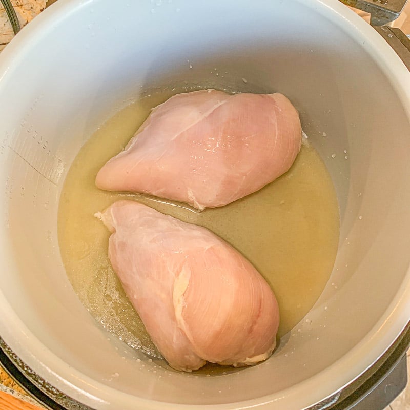 two raw chicken breasts in an instant pot.