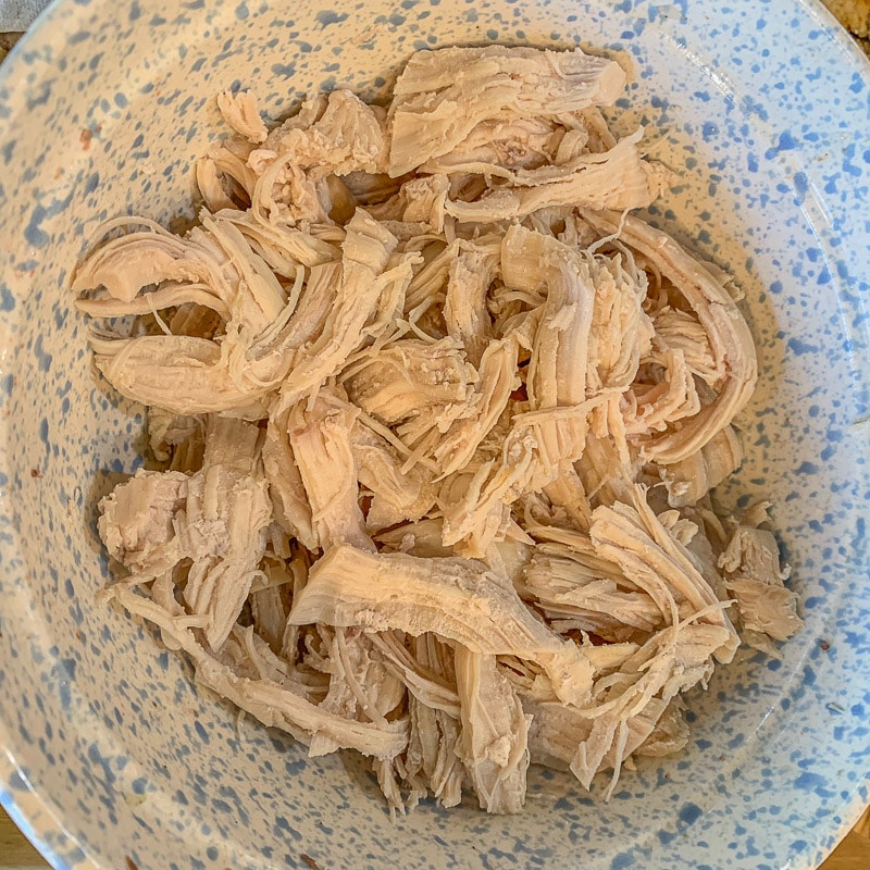 shredded chicken in a speckled bowl