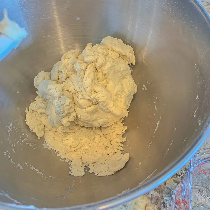 flora e dough in a mixing bowl