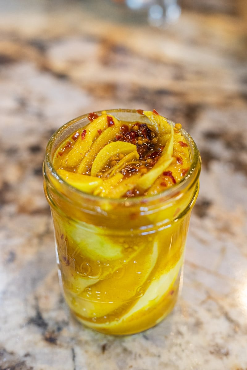 pickled mangoes (amba recipe) in a jar