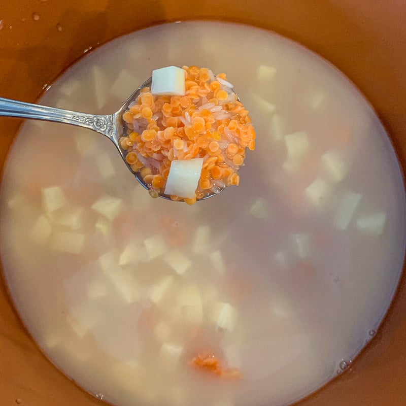 spoonful of red lentil and diced potatoes over a pot of soup