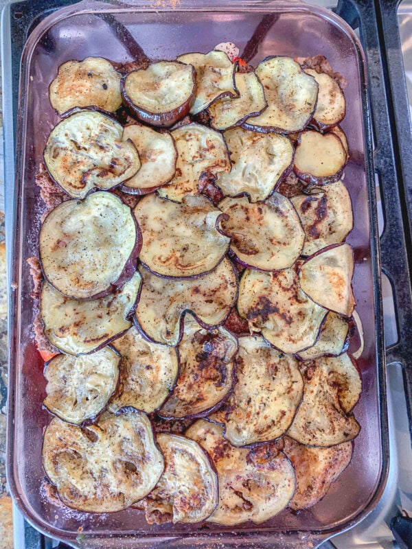 eggplant casserole with eggplant slices on top