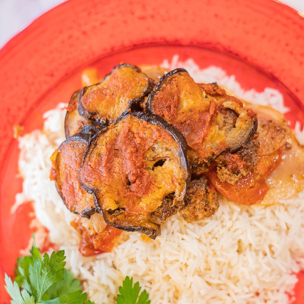 eggplant casserole on white rice