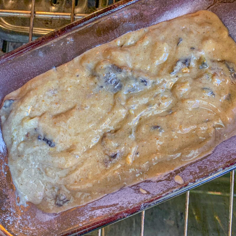 fig bread batter in a loaf pan