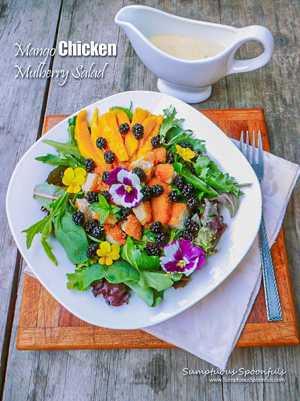 mulberry salad on a white plate over a white napkin and wooden cutting board with dressing on the side