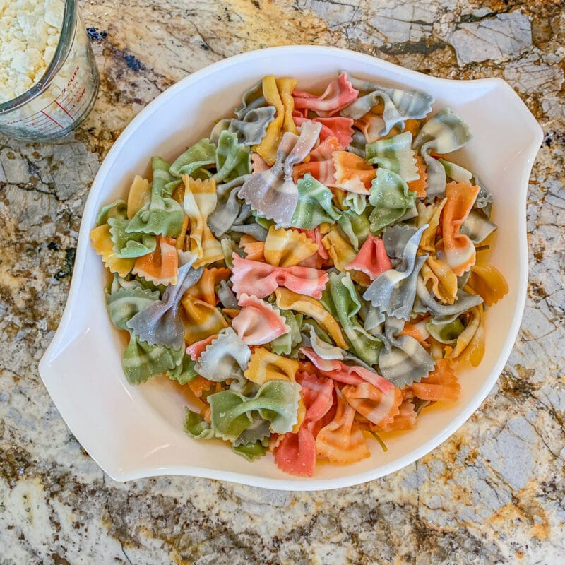 bow tie pasta in a large white bowl