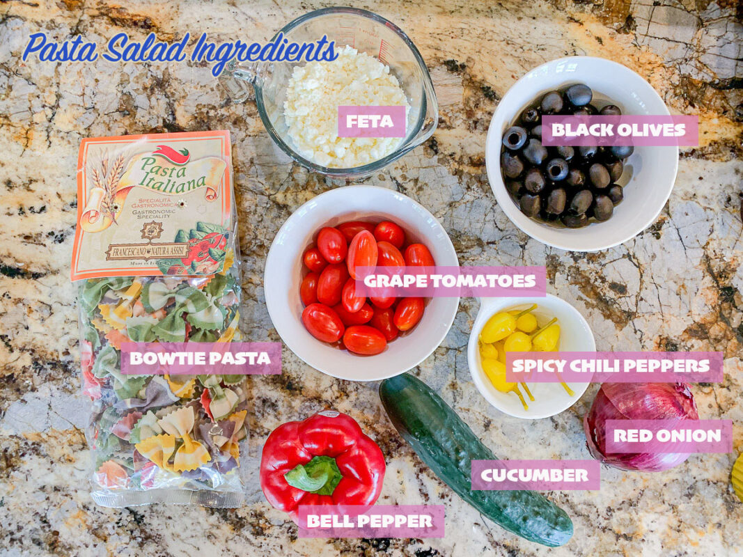 labeled pasta salad ingredients