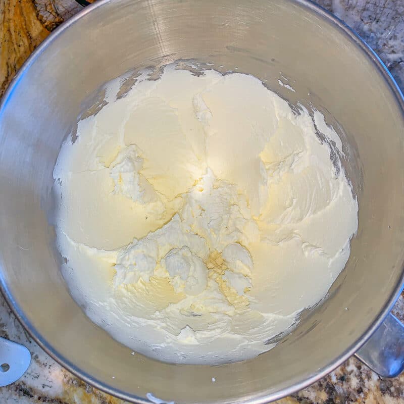 beaten cream cheese in a mixing bowl