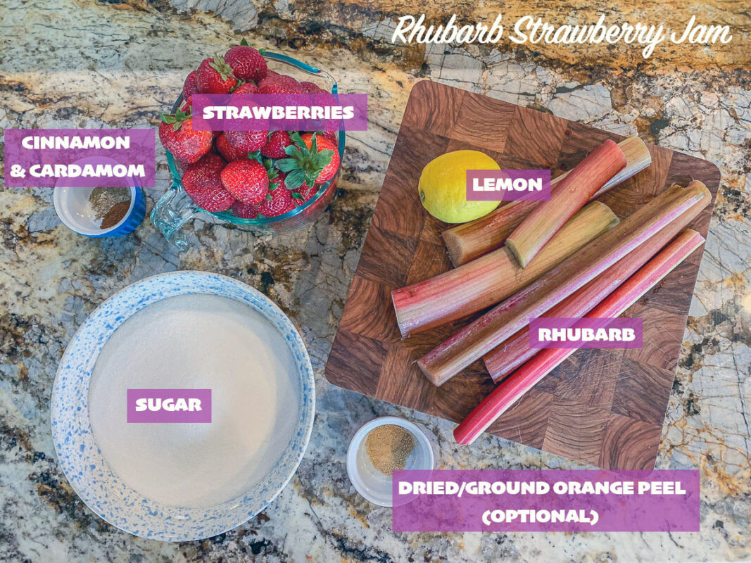 labeled rhubarb strawberry jam ingredients 