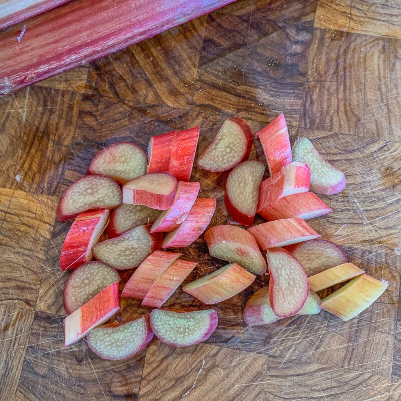 chopped rhubarb on a cutting board