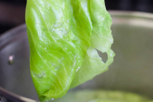 boiled cabbage leaves being pulled out of a pot