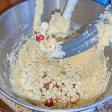 cake batter with nuts and white chocolate chips