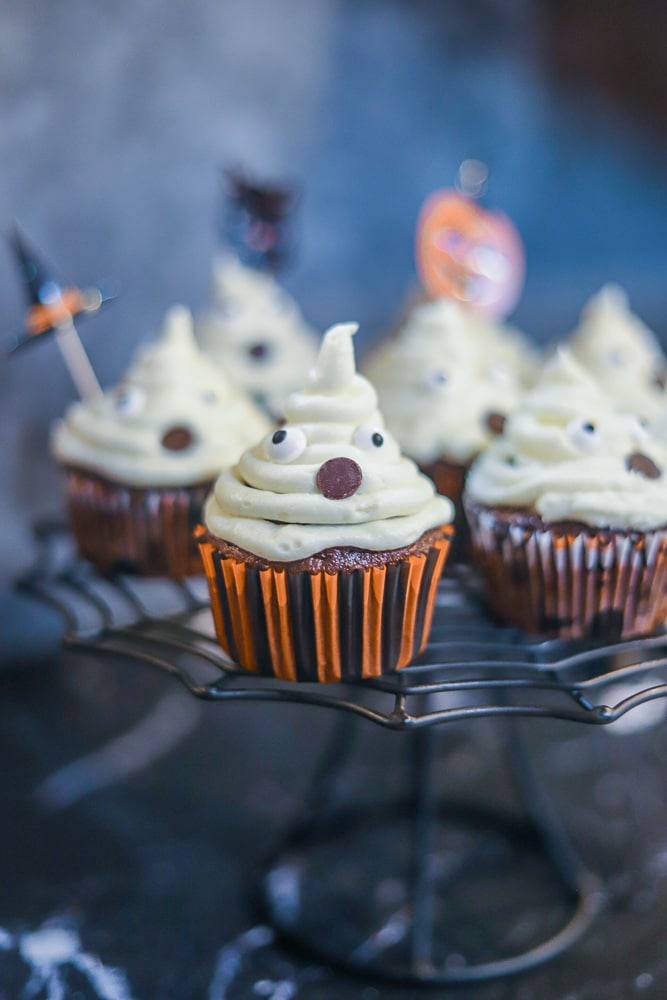 ghost cupcakes on a stand