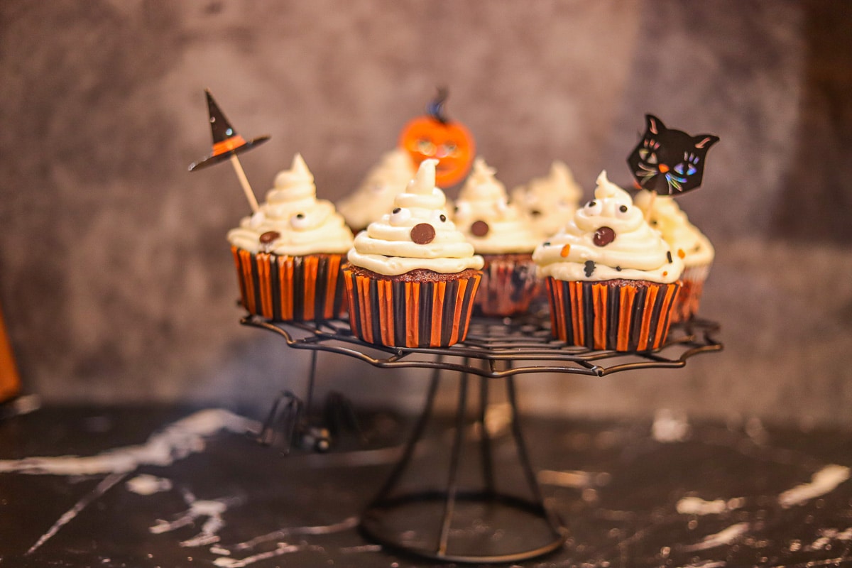 ghost cupcakes on a stand