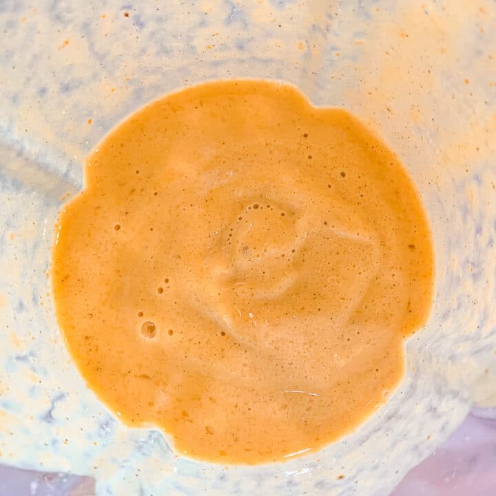 pumpkin pie blend protein shake in a blender, top view