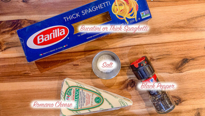 bucatini cacio e pepe ingredients, labeled.