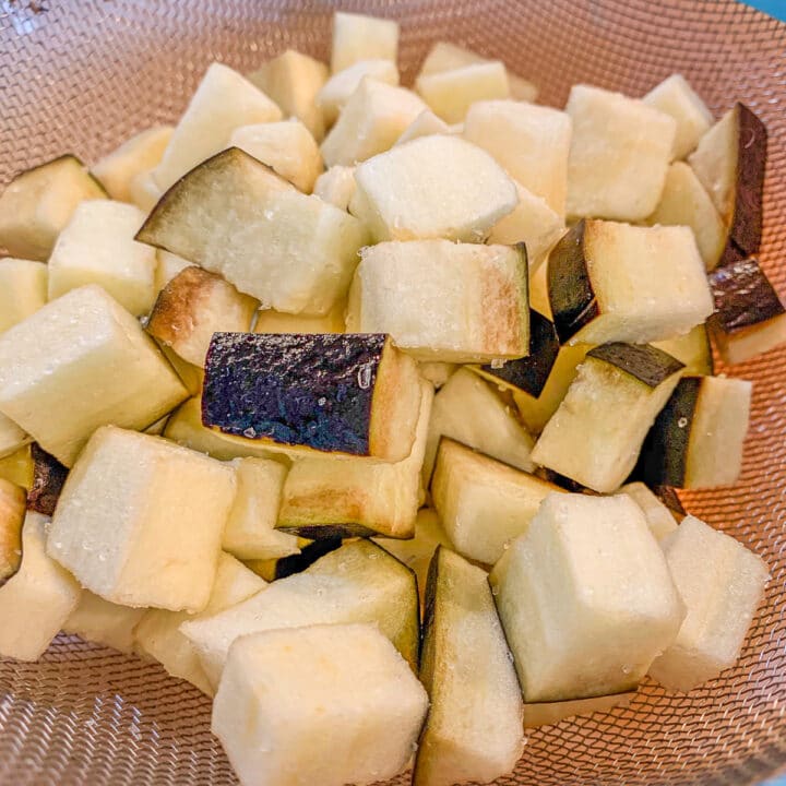 cubed eggplant for vegan biryani recipe