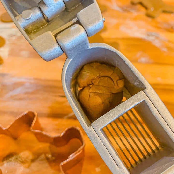 cookie dough in a garlic press
