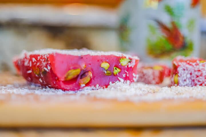 pomegranate Turkish delight on a cutting board