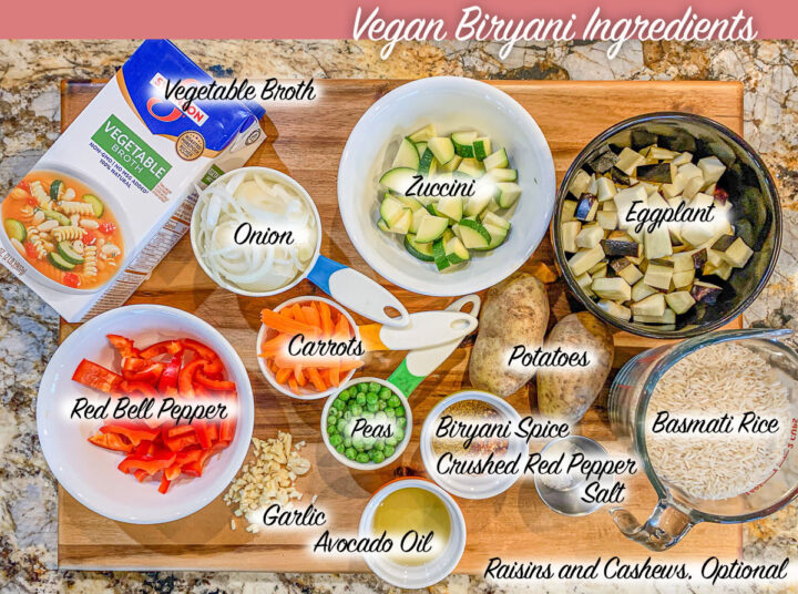 vegan biryani recipe ingredients, labeled
