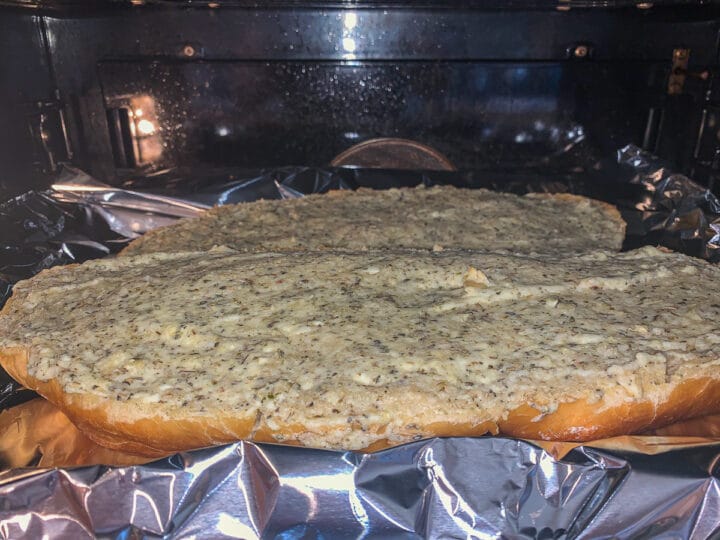 garlic bread in the oven
