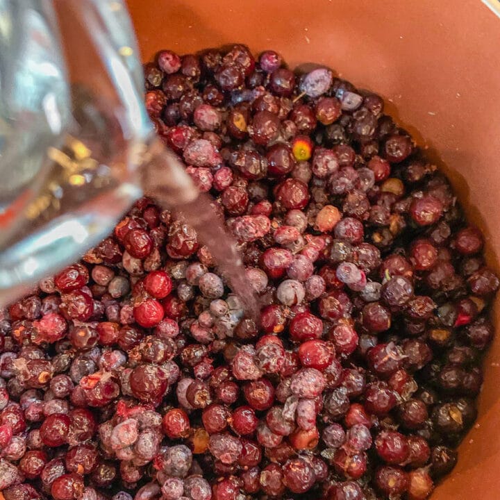 pouring water on berries in pot