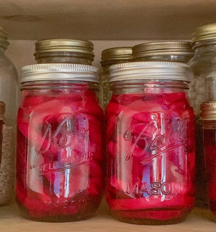 pink pickled onions jars on a shelf