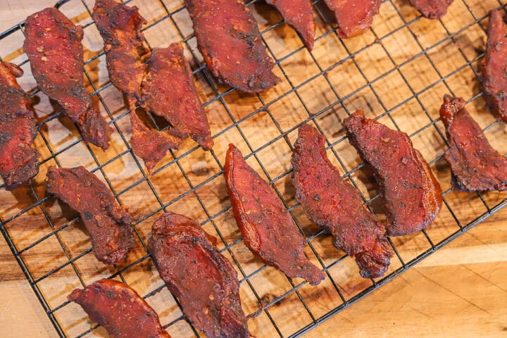 First round of Jerky in my Dehydrator. Pork tenderloin with a Soy, honey,  and spicy pepper base. Run for about 8 hrs at 165°F. Flavor was good but  texture was a little