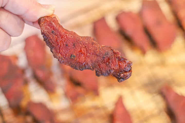 a piece of dehydrated meat over a tray of jerky