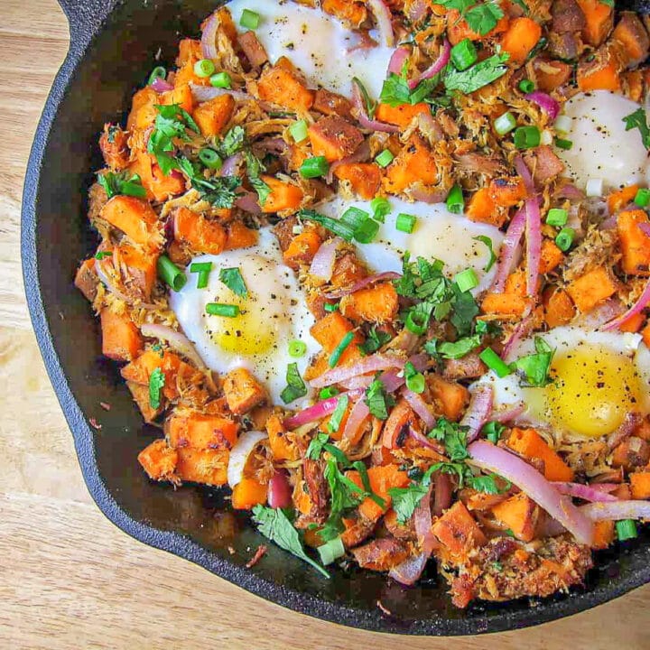 sweet potato pulled pork hash in a pan