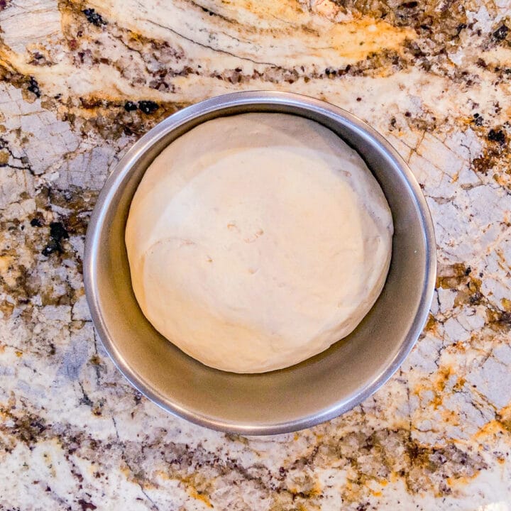 dough ball in a silver bowl