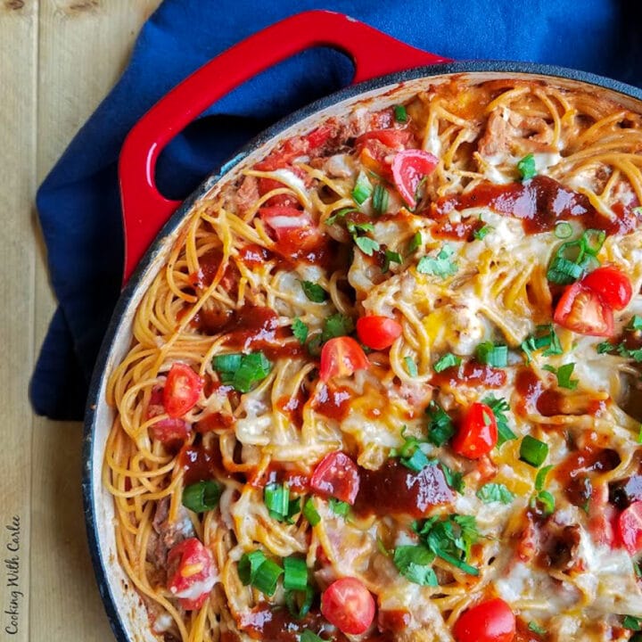 Pulled pork spaghetti in a pot