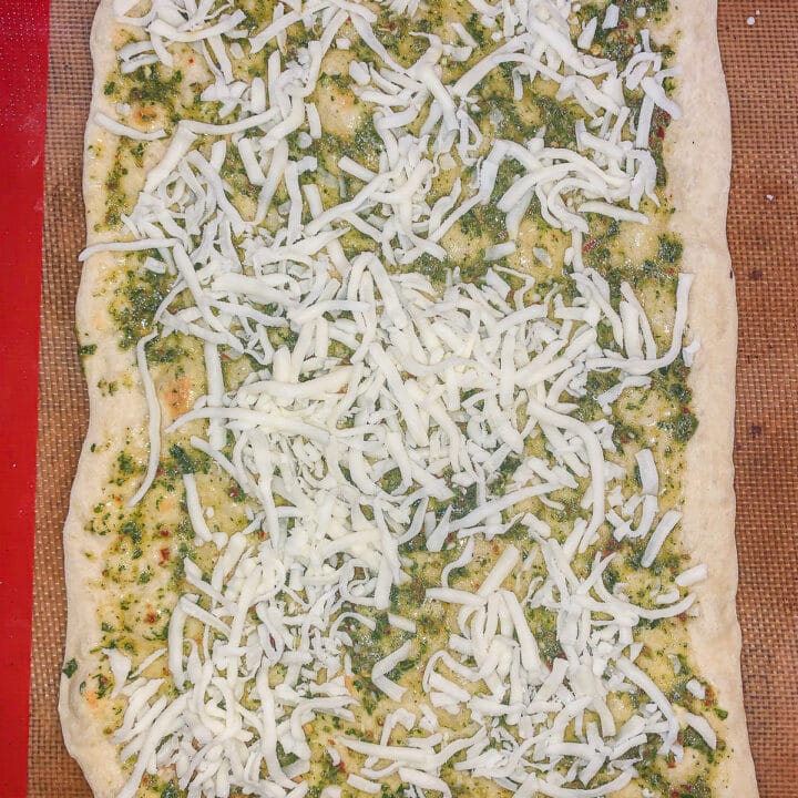 crunchy pizza with chimichurri and cheese, uncooked