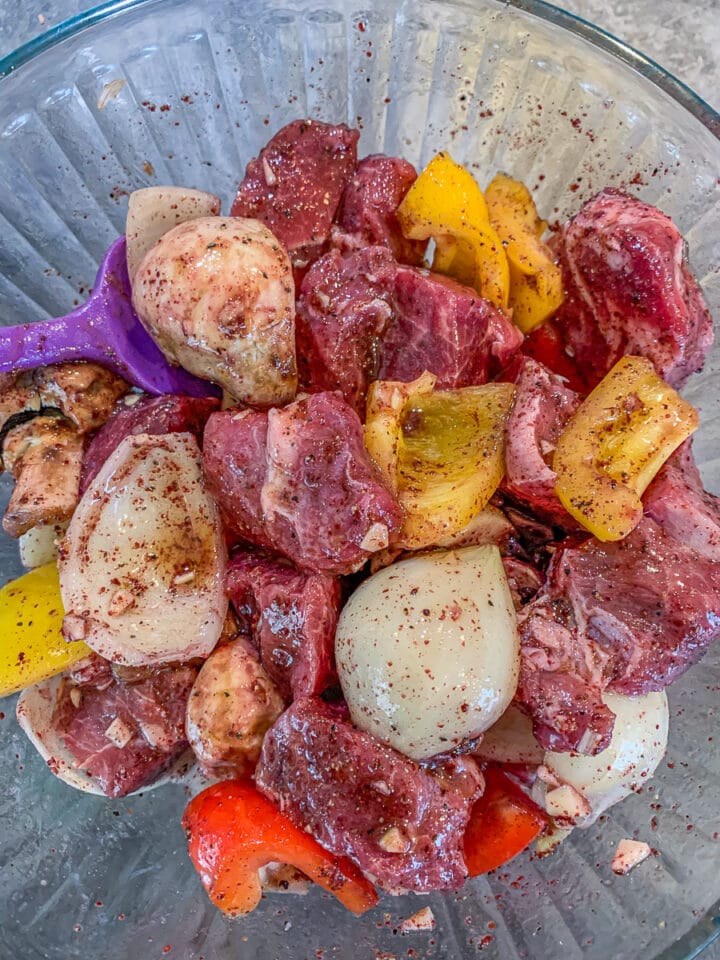 marinated lamb cubes and vegetables