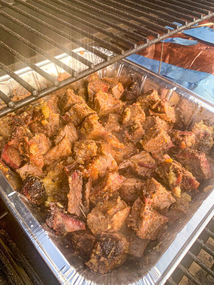 smoked burnt ends on a grill