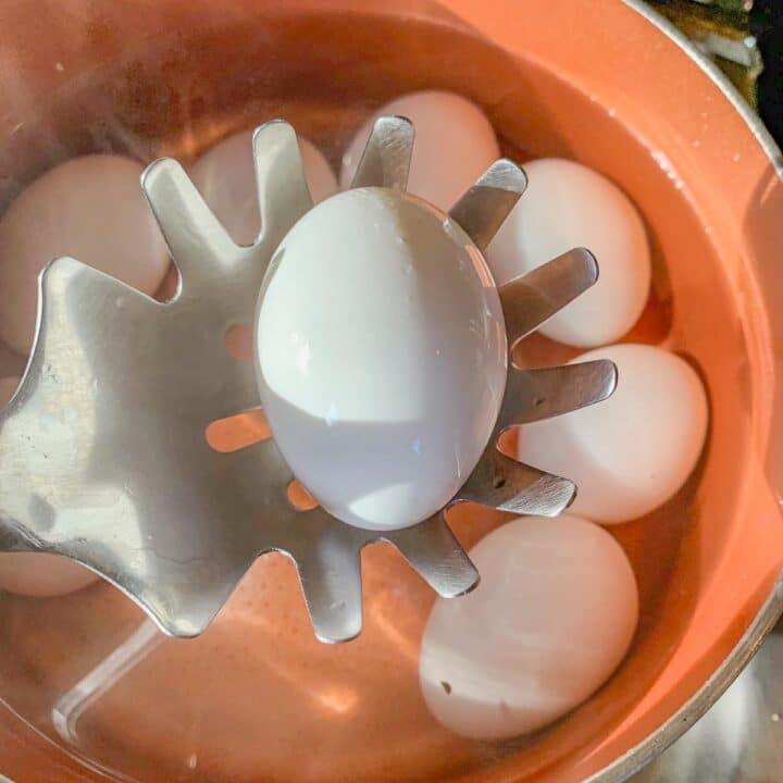 removing boiled eggs from pot