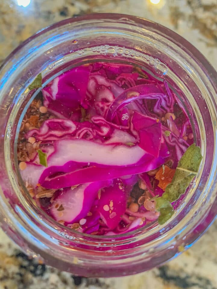 red pickled cabbage in a jar