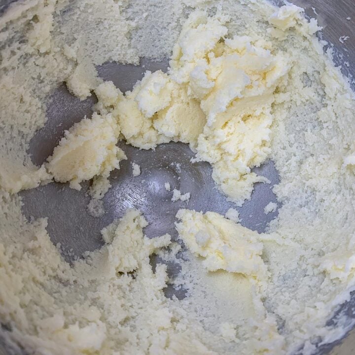 butter and sugar creamed in a mixing bowl