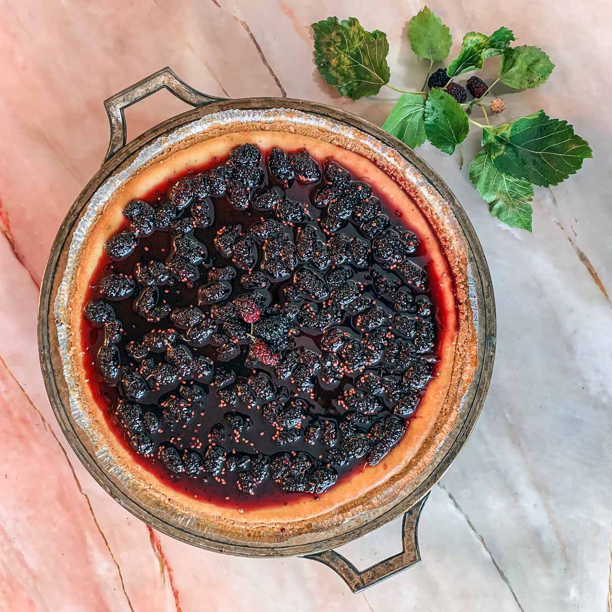 mulberry Cheesecake on a marbled counter with leaves next to it