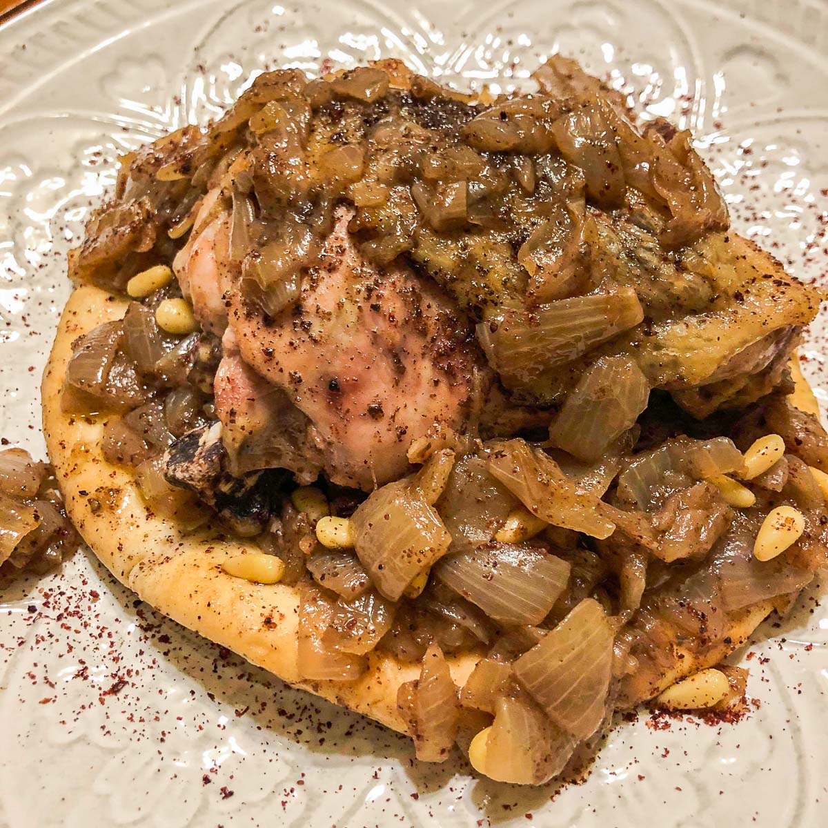 Musakhan Sumac Chicken & Onions on Flatbread Hilda's Kitchen Blog