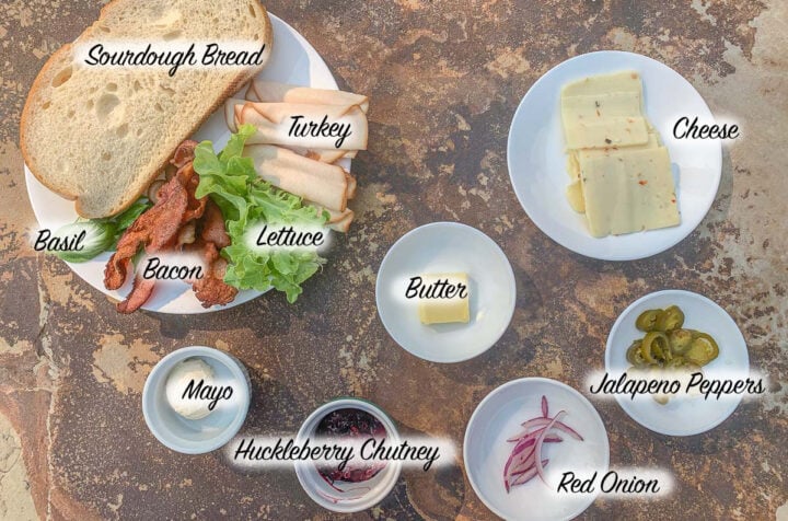 gourmet grilled cheese ingredients, labeled