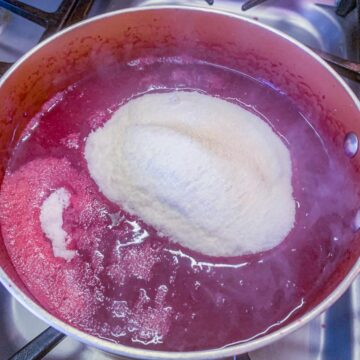 chokecherry juice and sugar in a saucepan 