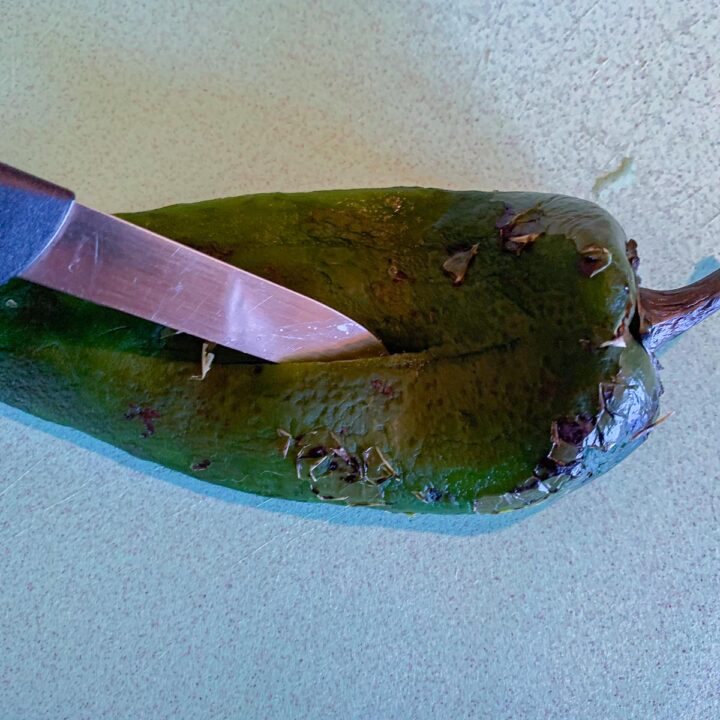 slitting a poblano pepper