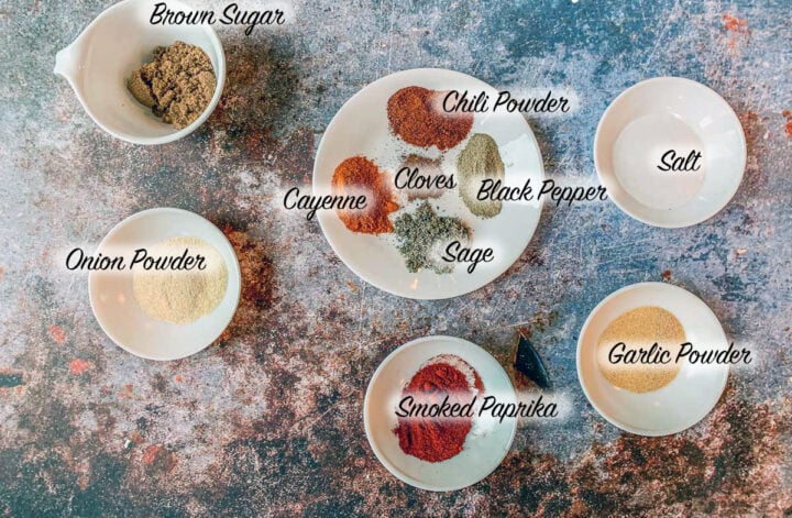 Pulled Pork Rub Recipe ingredients in what bowls and saucers.