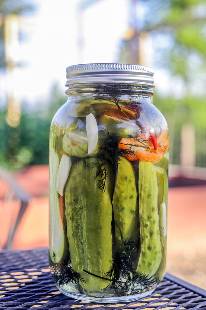 refrigerated dill pickles in a jar on an outdoor table